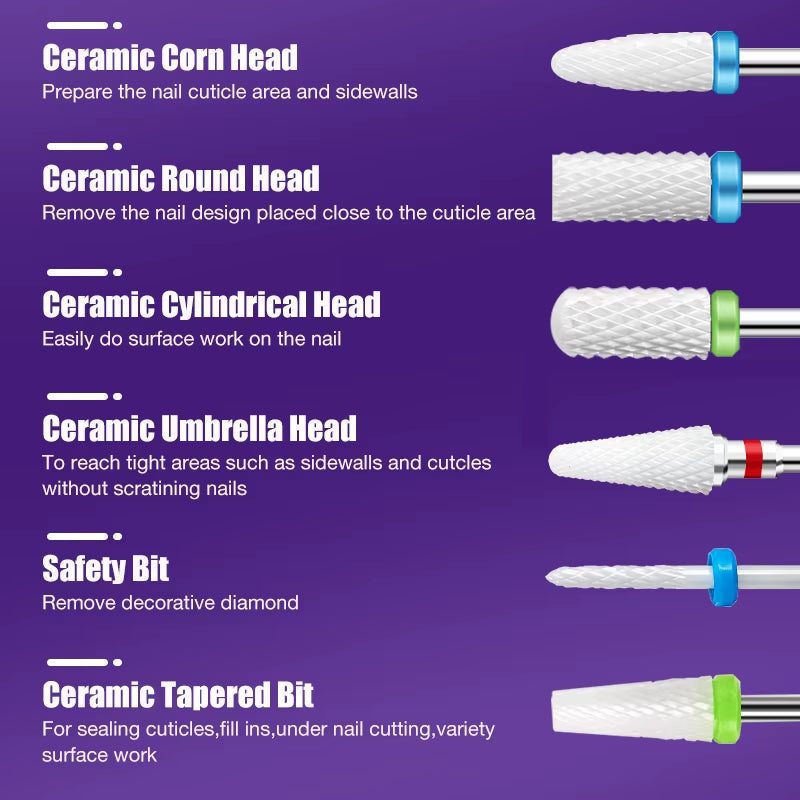 Ceramic Nail Drill Bit Milling Cutter for Manicure Pedicure Nail Files Buffer Nail Art Equipment Accessory