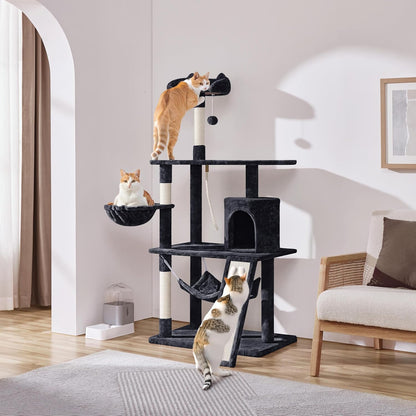 63.5In Multi-Level Cat Tree Tower Condo with Scratching Posts, Platform & Hammock, Cat Activity Center Play Furniture for Kittens, Cats & Pets