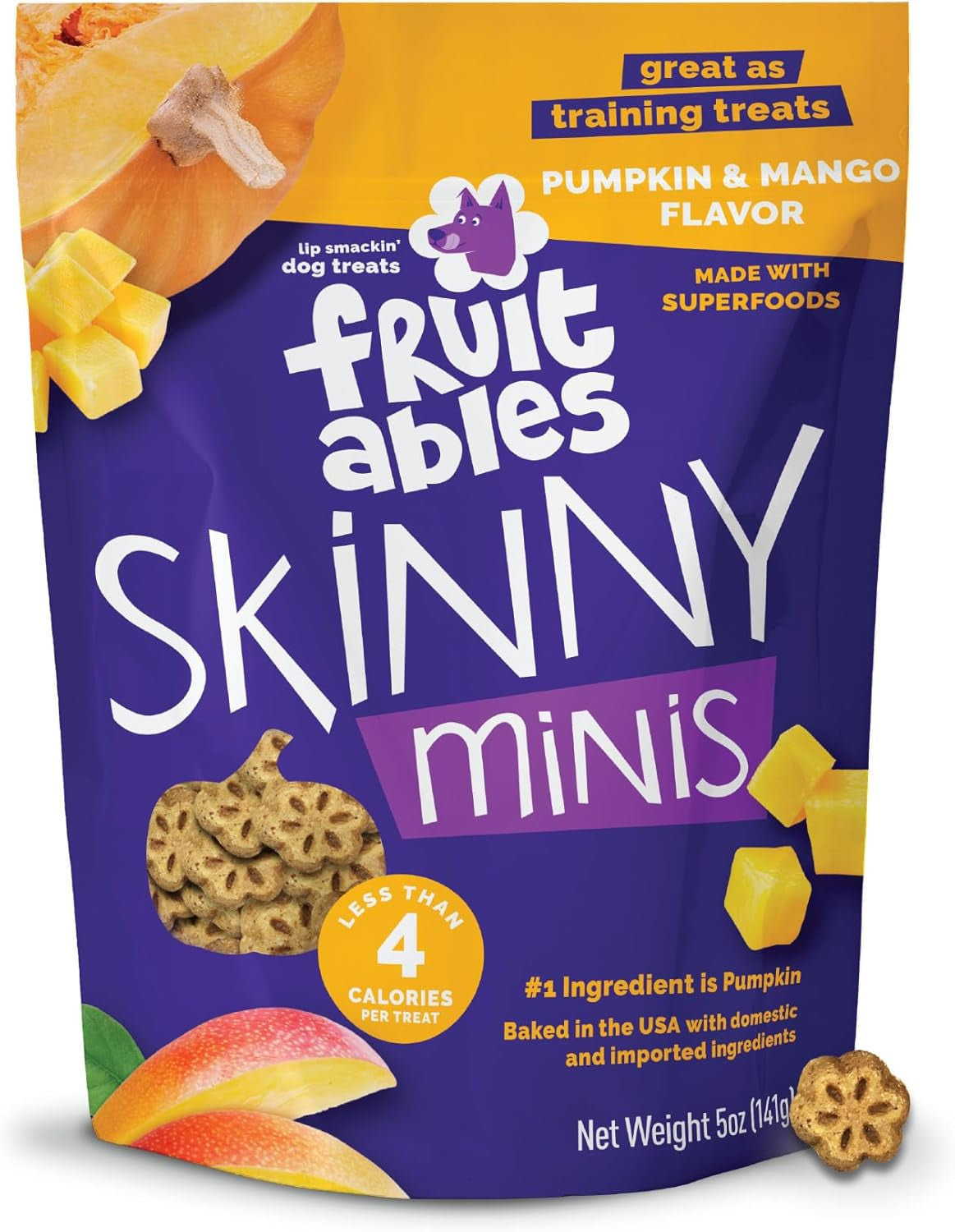 Skinny Minis Dog Treats, Healthy Pumpkin Treat for Dogs, Low Calorie & Delicious, Puppy Training, No Wheat, Corn or Soy, Made in the USA, Pumpkin and Mango Flavor, 5Oz
