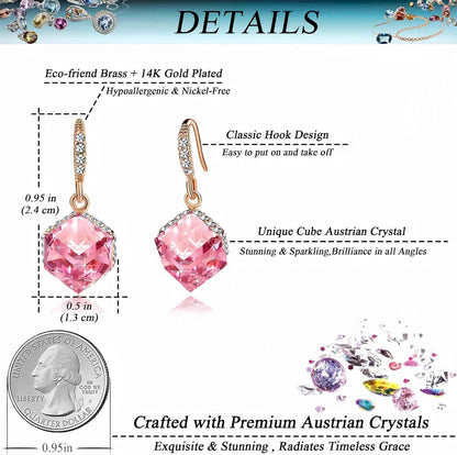 Austrian Crystal Cube Drop Dangle Earrings for Women 14K Gold Plated Hypoallergenic Jewelry
