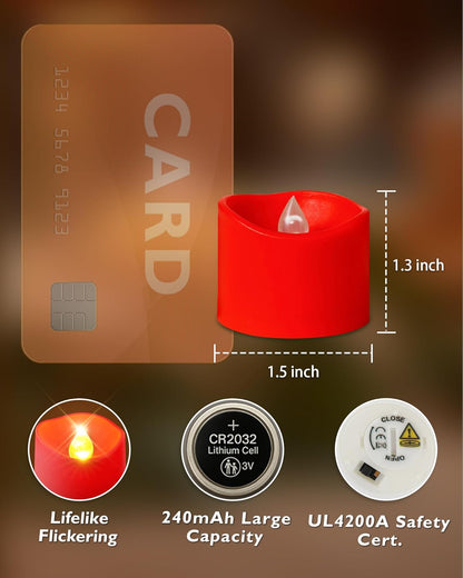 Red Tea Lights Candles Battery Operated, 200+Hour Flameless Flickering Fake Electric LED Colored Tealights Candles for Party, Wedding, Anniversary, Halloween, Christmas, 24-Pack