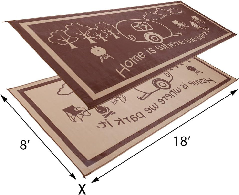 8-Feet X 18-Feet Outdoor RV Home Patio Reversible Mat - Brown/Beige