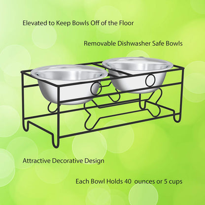 Set of 2 Stainless Steel Dog Bowls - 40Oz Pet Bowls with Decorative Dog Food Stand - Metal Food and Water Dishes for Large Pets - Puppy Essentials by  (Silver/Black)