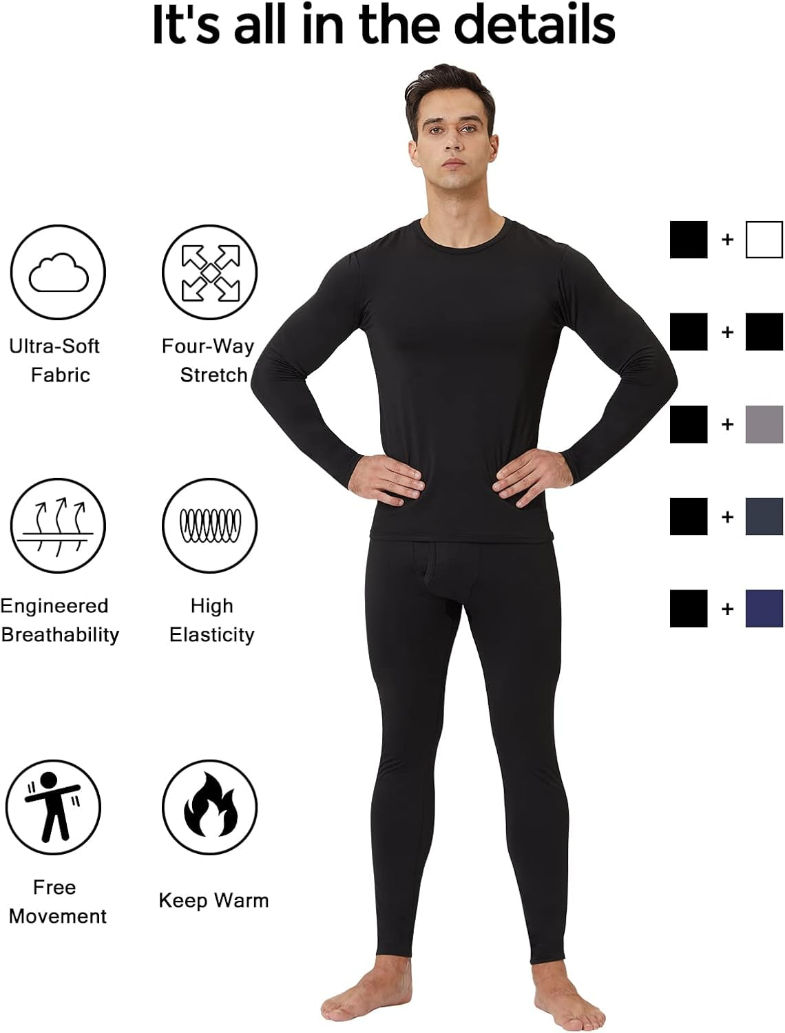 2 Pack Thermal Underwear for Men Long Johns Fleece Lined Base Layer Set Winter Bottom Top 2XS-6XL