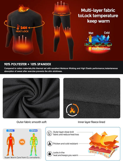 2 Pack Thermal Underwear for Men Long Johns Fleece Lined Base Layer Set Winter Bottom Top 2XS-6XL