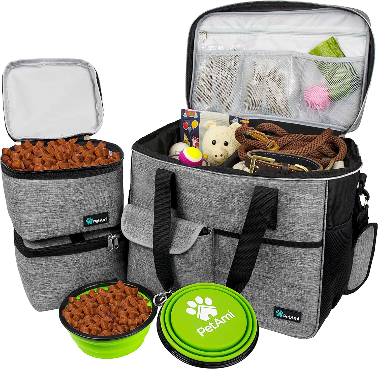 Dog Travel Bag - Travel Pet Organizer with Food Container and Bowls, Perfect for Weekend Camping, Cat Diaper Bag (Grey, Large)