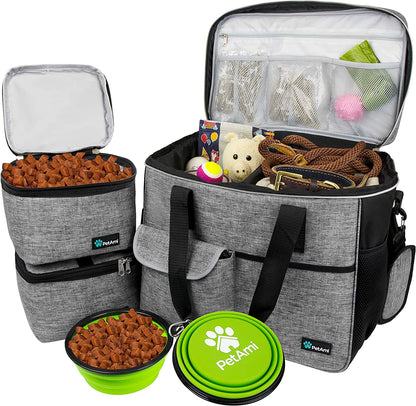 Dog Travel Bag - Travel Pet Organizer with Food Container and Bowls, Perfect for Weekend Camping, Cat Diaper Bag (Grey, Large)