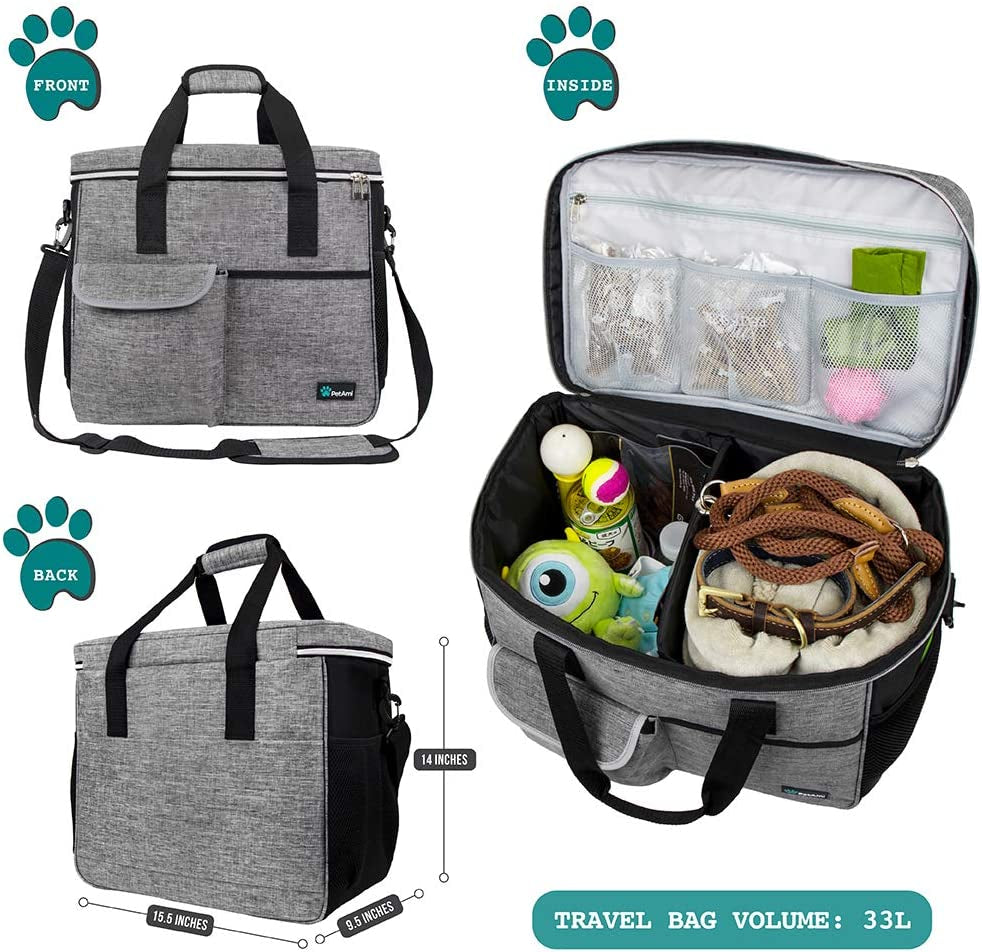 Dog Travel Bag - Travel Pet Organizer with Food Container and Bowls, Perfect for Weekend Camping, Cat Diaper Bag (Grey, Large)