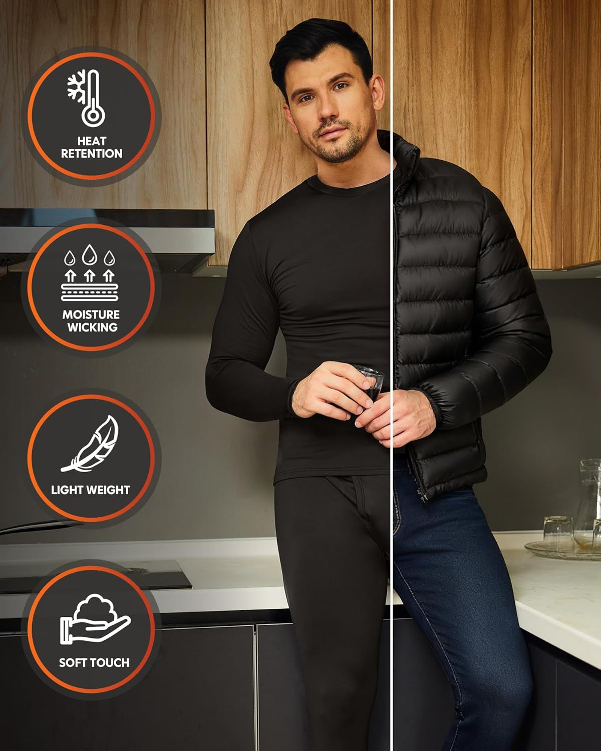 2 Pack Thermal Underwear for Men Long Johns Fleece Lined Base Layer Set Winter Bottom Top 2XS-6XL