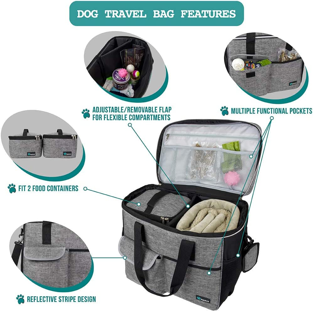 Dog Travel Bag - Travel Pet Organizer with Food Container and Bowls, Perfect for Weekend Camping, Cat Diaper Bag (Grey, Large)