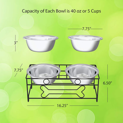 Set of 2 Stainless Steel Dog Bowls - 40Oz Pet Bowls with Decorative Dog Food Stand - Metal Food and Water Dishes for Large Pets - Puppy Essentials by  (Silver/Black)