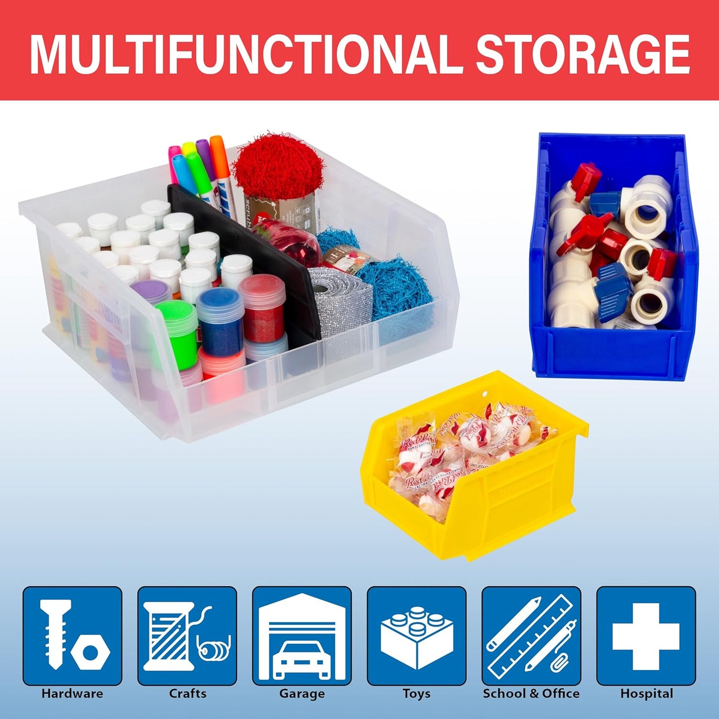 30220 Akrobins Plastic Storage Bins, Space-Saving Stackable Bins for Garage, Pantry, Craft Organization, 7-" X 4-" X 3-", Red, 24-Pack