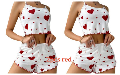 Women'S Pajamas Set Sleepwear 2 PCS Short Tank Tops and Shorts S M L White Ventilate Soft Casual Love Printing