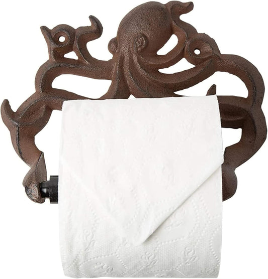 Decorative Cast Iron Octopus Toilet Paper Holder – Wall Mounted Nautical Bathroom Decor – Kraken Design – Easy to Install with Screws & Anchors – Rust Brown