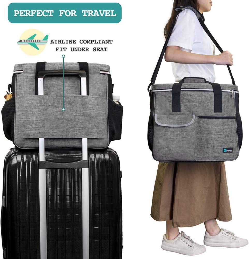 Dog Travel Bag - Travel Pet Organizer with Food Container and Bowls, Perfect for Weekend Camping, Cat Diaper Bag (Grey, Large)